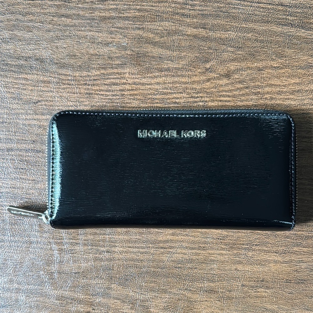 Michael Kors Patent Leather Wallet in Black and Silver